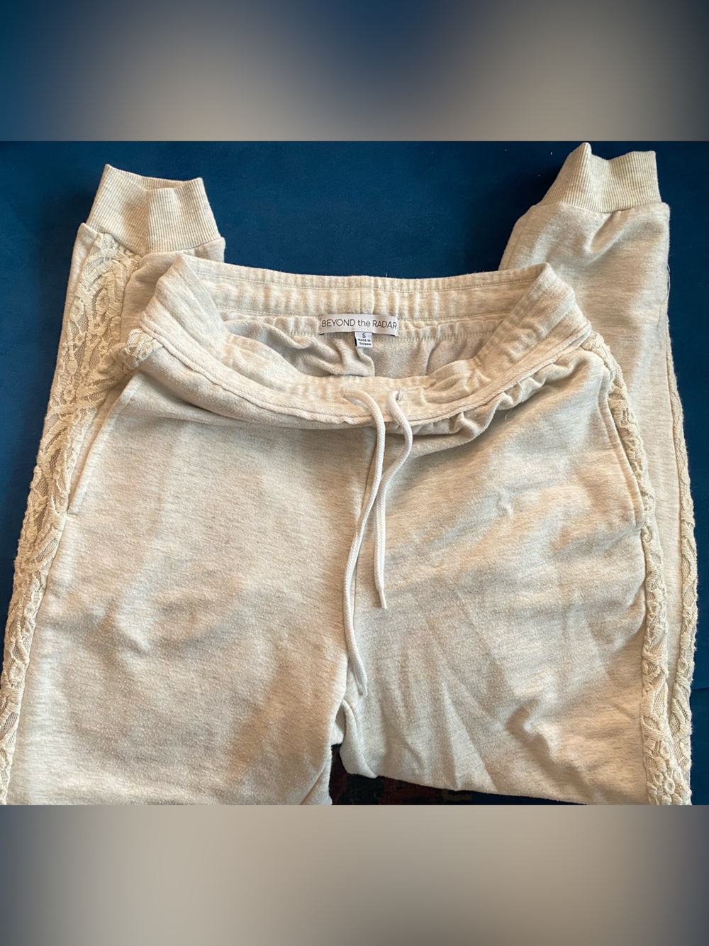 Beige Knit Lounge Joggers with Lace Trim